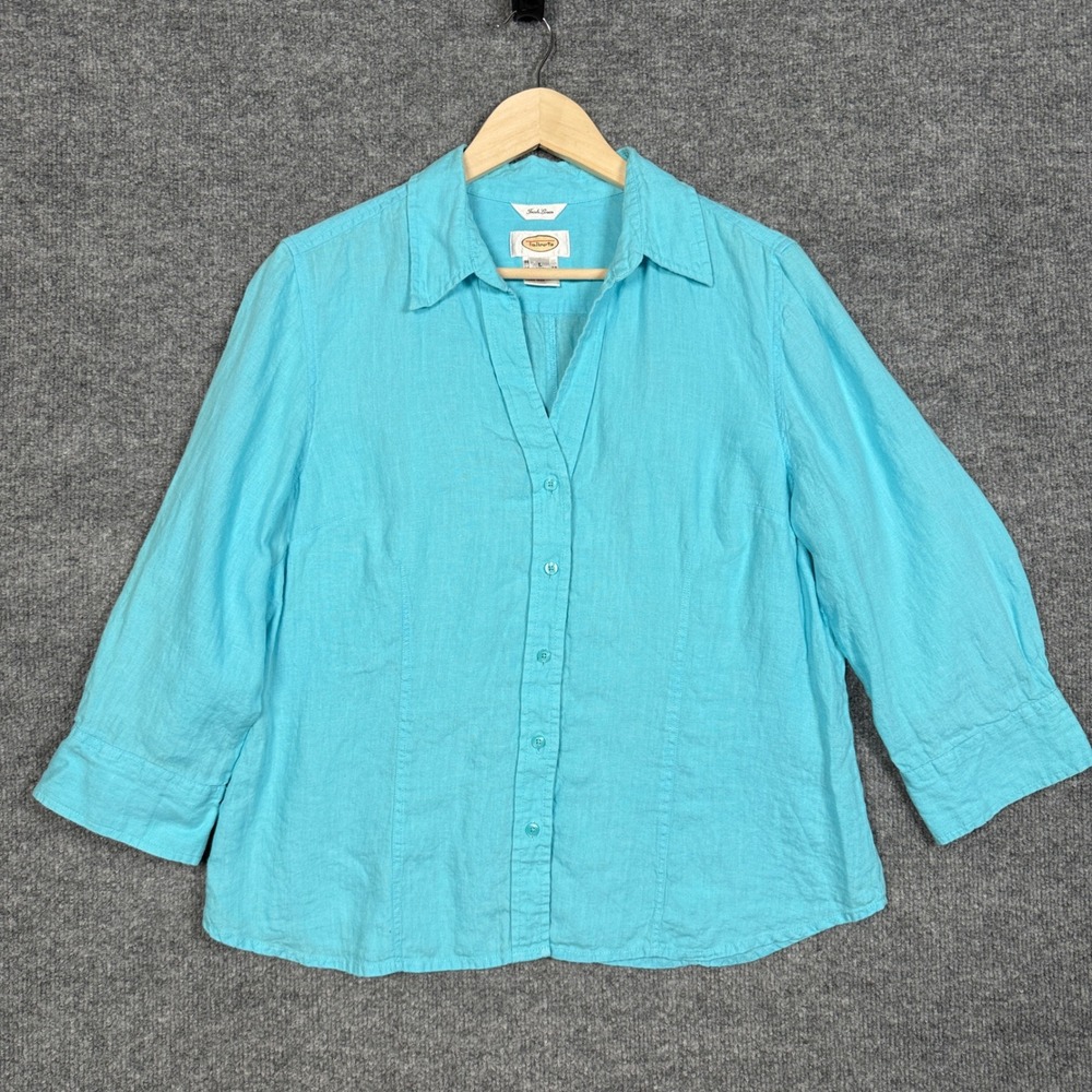 Talbots Womens Size Large Shirt Aqua Blue Irish Linen Button Up 3/4 Sleeves Boxy